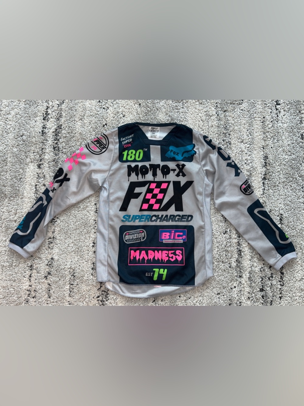Fox Kids Long Sleeve Racing Jersey in Gray with Neon Pink & Teal Accents